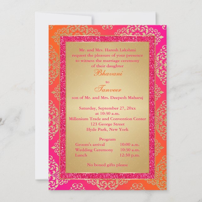 Rosa, orange, laden Gold-IMITAT Glitzer-Hochzeit Einladung (Vorderseite)