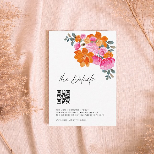 Rosa Orange Modern Script QR Code Hochzeitsdetails Begleitkarte (Von Creator hochgeladen)