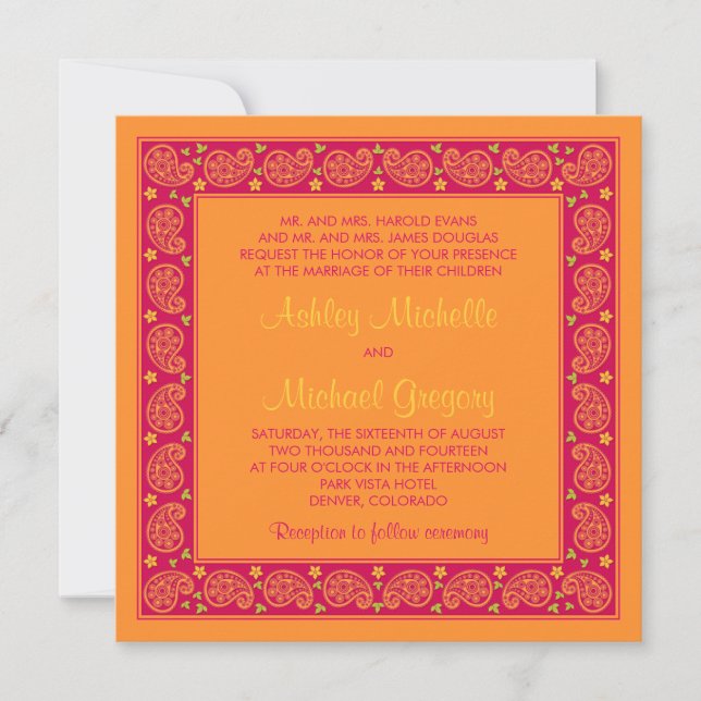 Rosa Orange Paisley Floral Wedding Einladung (Vorderseite)