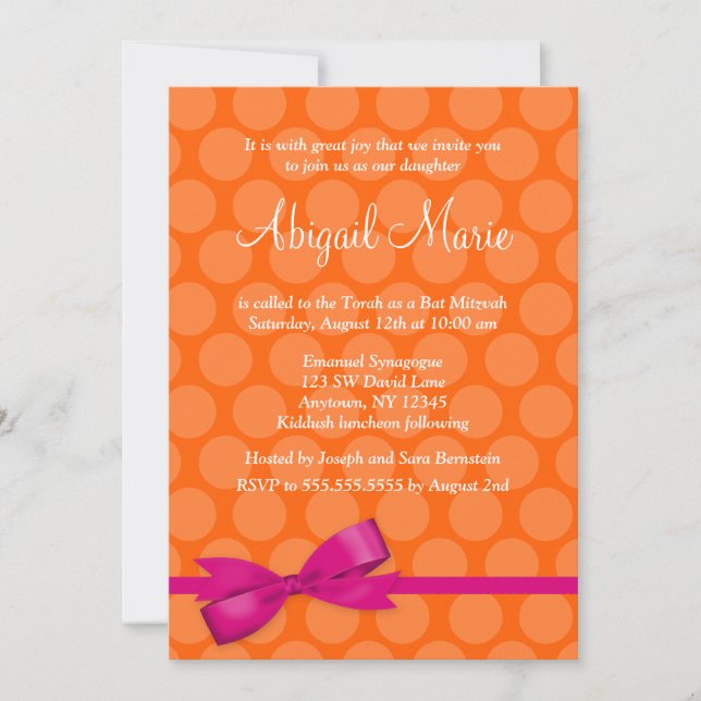 Rosa Orange Polka Dot Bow Bat Mitzvah Einladungen (Vorderseite)