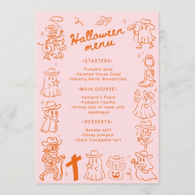 Rosa Orange Quirky Hand Drawn Doodles Halloween Menükarte (Vorderseite)