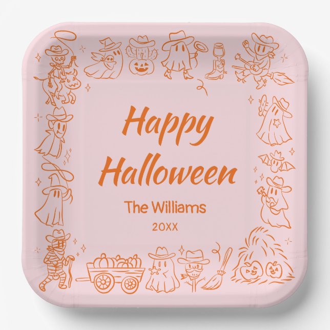 Rosa Orange Quirky Hand Drawn Doodles Halloween Pappteller (Vorderseite)