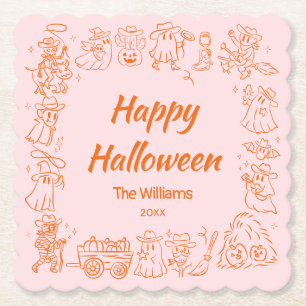 Rosa Orange Quirky Hand Drawn Doodles Halloween Untersetzer