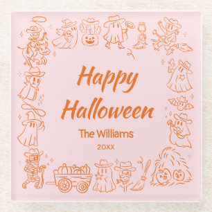 Rosa Orange Quirky Hand Drawn Scribles Halloween Glasuntersetzer