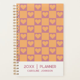 Rosa orange retro Herz Schachbrett personalisiert Planer