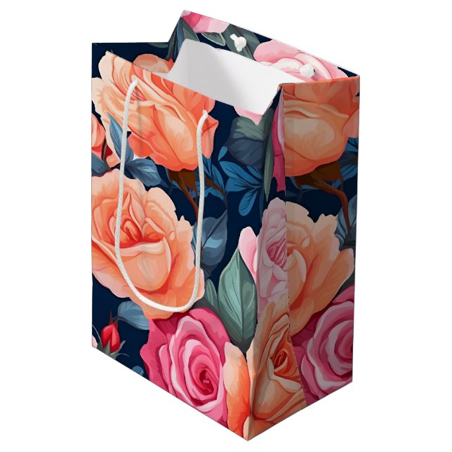 Rosa Orange Rose Muster Chiffon Mittlere Geschenktüte (Vorderseite Schrägansicht)