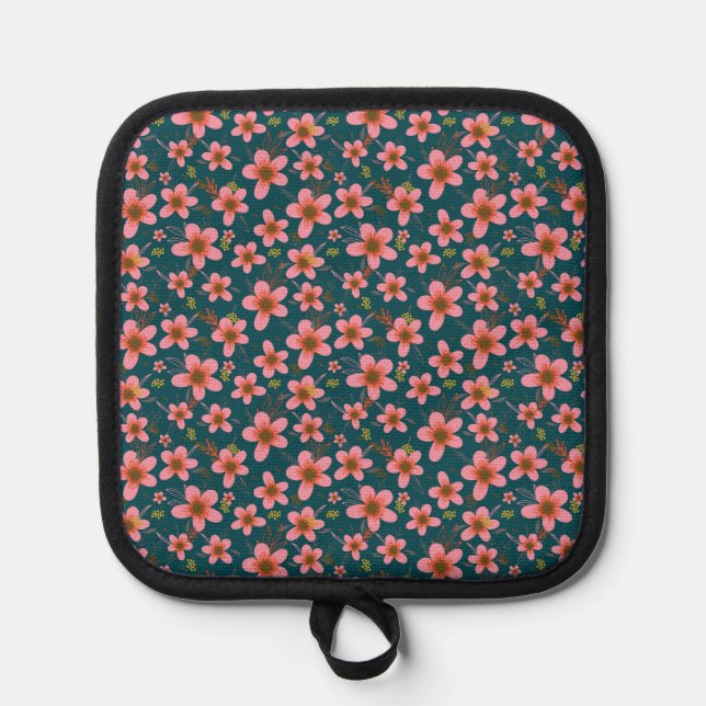 Rosa, orange und blaue Blüte Topflappen (Vorderseite)