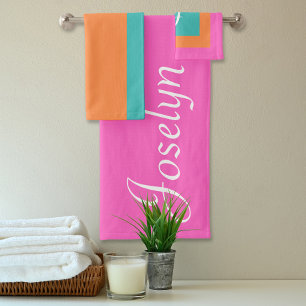 Rosa Orange und blaue Farbblöcke Mit Monogramm Nam Badhandtuch Set