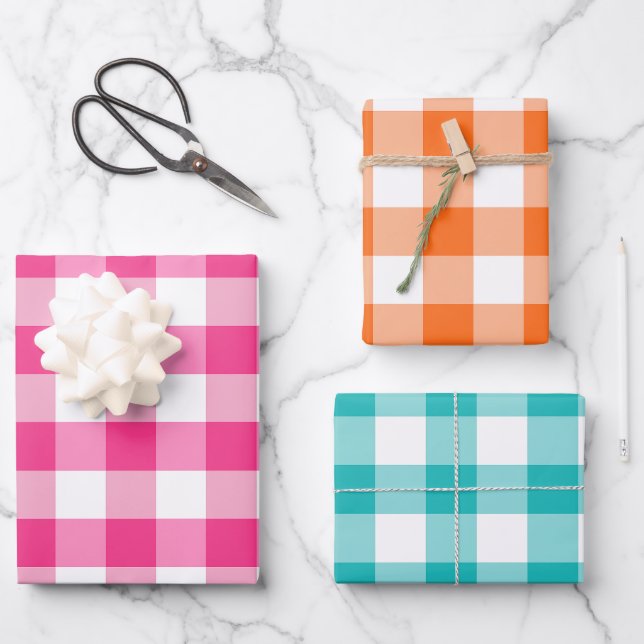 Rosa Orange und Blue Gingham Karo Kariert Geschenkpapier Set (Vorderseite)