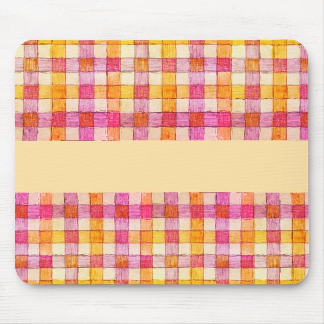 Rosa orange und cremefarbene Gingham-Maus Mousepad (Vorne)