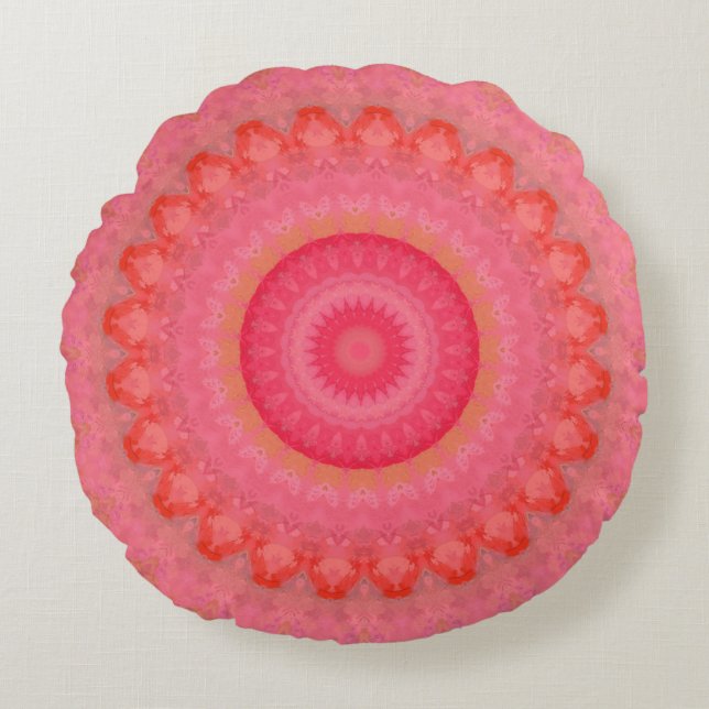 Rosa, orange und gelbe Mandala Rundes Kissen (Vorderseite)
