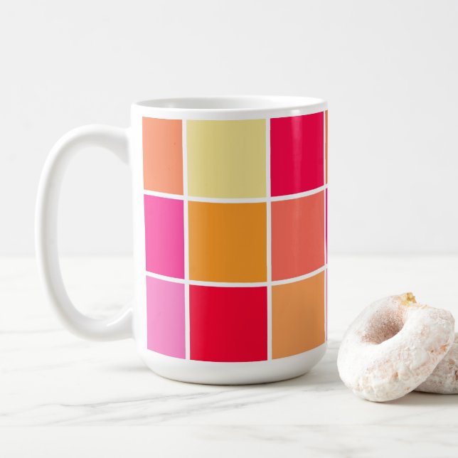 Rosa, Orange und Gelbe Quadrate Kaffeetasse (Mit Donut)