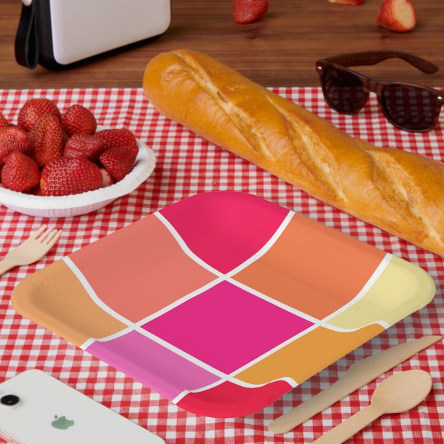 Rosa, orange und gelbe Quadrate Pappteller (Picknick)