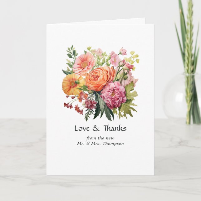 Rosa, orange und grüne Blumenhochzeit Dankeskarte (Vorderseite)