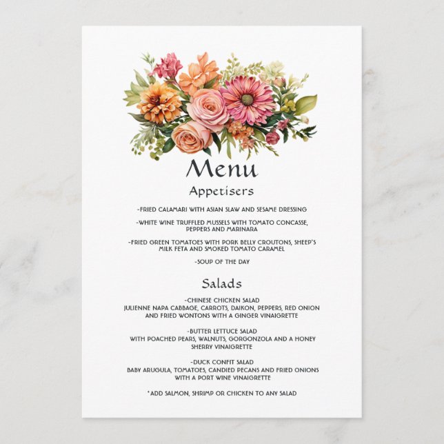 Rosa, orange und grüne Blumenhochzeit Menükarte (Vorderseite)