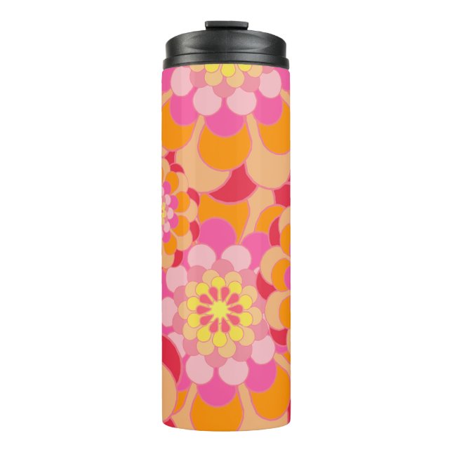 Rosa Orange und Rote Blume Power Retro Thermosbecher (Vorderseite)