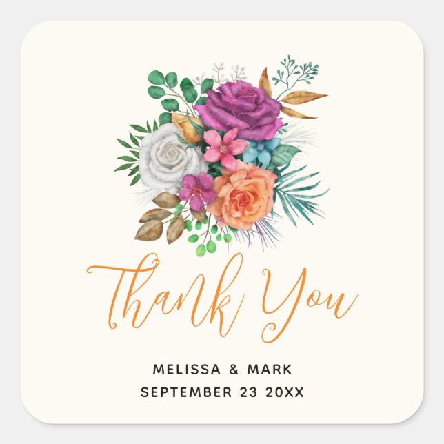 Rosa, Orange und Weiß Roses Bouquet Wedding Quadratischer Aufkleber (Vorderseite)