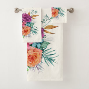 Rosa, Orange und Weiße Rosen Blumenstrauß Badhandtuch Set