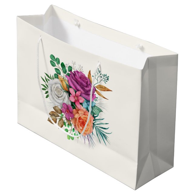 Rosa, Orange und Weiße Rosen Blumenstrauß Große Geschenktüte (Vorderseite Schrägansicht)