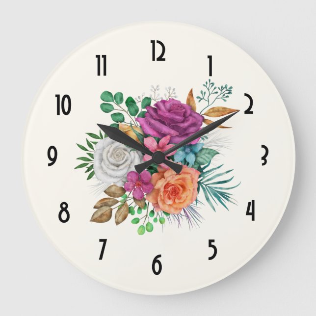 Rosa, Orange und Weiße Rosen Blumenstrauß Große Wanduhr (Vorderseite)