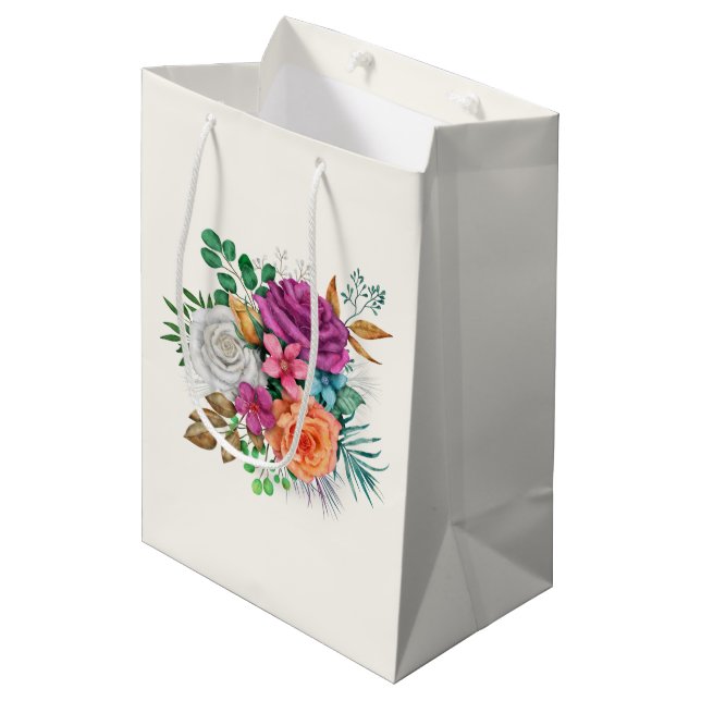 Rosa, Orange und Weiße Rosen Blumenstrauß Mittlere Geschenktüte (Vorderseite Schrägansicht)