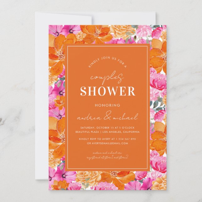 Rosa & orange Vibrannte Sommer Garten Paare Dusche Einladung (Vorderseite)