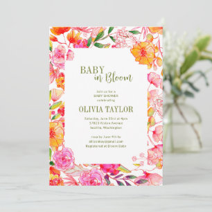 Rosa orange Wasserfarbe Blumen Baby Blüten Shower Einladung