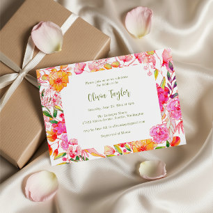 Rosa-orange Wasserfarben-Blumen Chic Brautparty-Ei Einladung