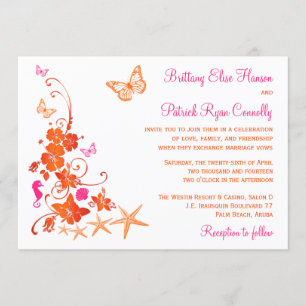 Rosa, orange, weißer tropischer Strand Hochzeit ei Einladung