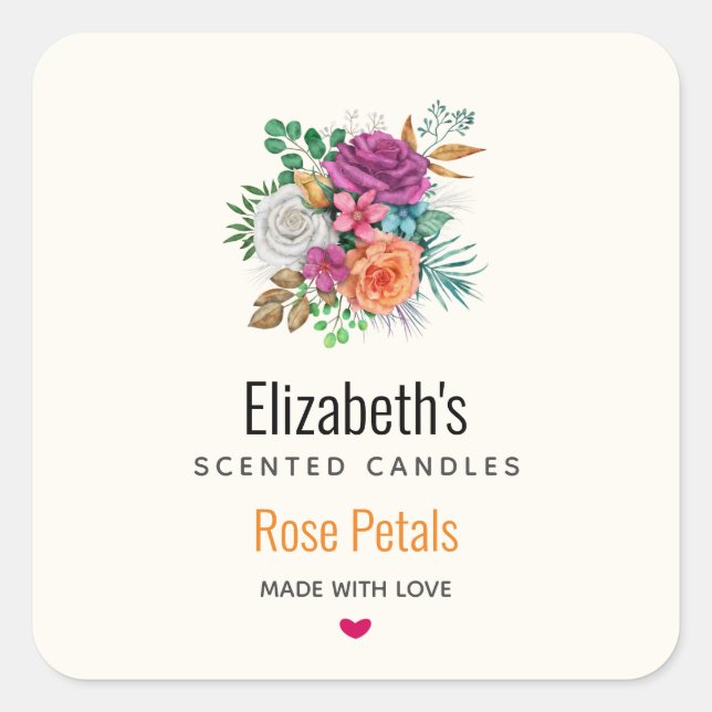 Rosa, Orange & White Roses Bouquet Candle Biz Quadratischer Aufkleber (Vorderseite)