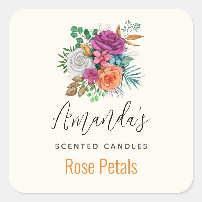 Rosa, Orange & White Roses Bouquet Candle Biz Quadratischer Aufkleber (Vorderseite)