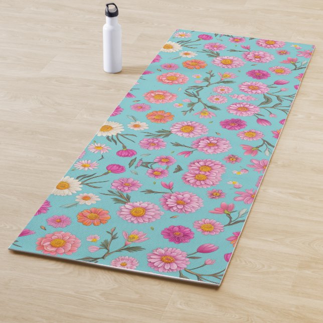 Rosa, orangefarbene, blumengrüne Blätter aquamarin Yogamatte (Beispiel)