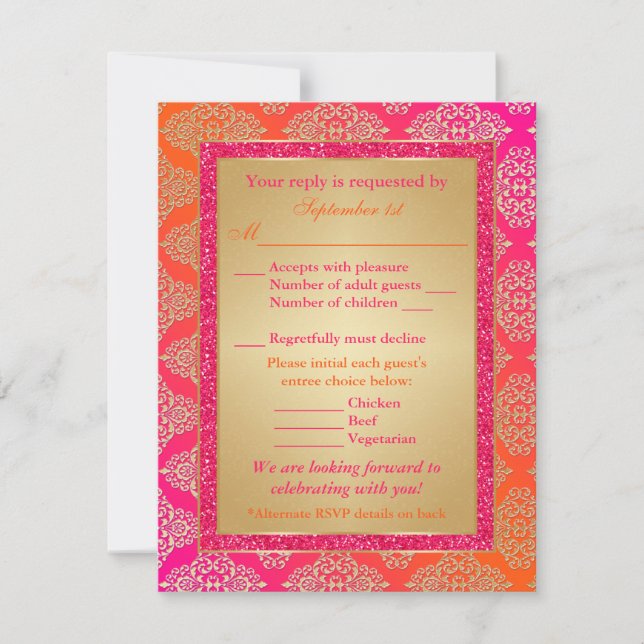 Rosa, orangefarbene, goldene IMITATE Glitzer RSVP- RSVP Karte (Vorderseite)