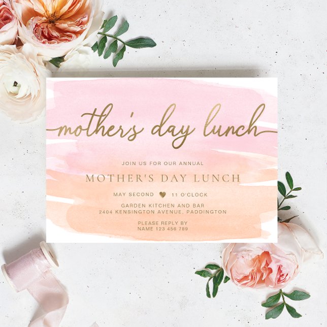 Rosa Orangefarbene Goldmedaille Mittagessen Einladung (Mothers Day Lunch Orange Pink Watercolour Gold)