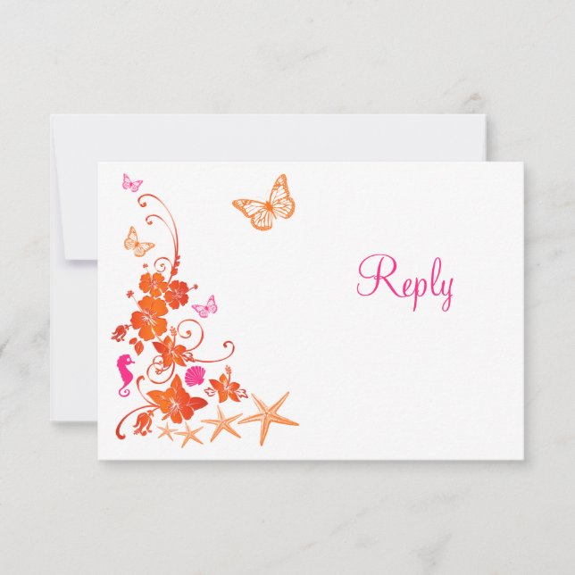 Rosa, orangefarbene, weiße tropische Beach-RSVP-Ka RSVP Karte (Vorderseite)