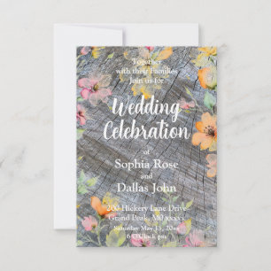 Rosa orangefarbene Wildblumen rustikales Holzmuste Einladung