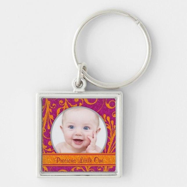 Rosa Orangefarbenes Baby Foto Template Schlüsselan Schlüsselanhänger (Vorne)