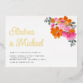 Rosa & orangefarbenes QR-Foto-Hochzeit Folieneinladung
