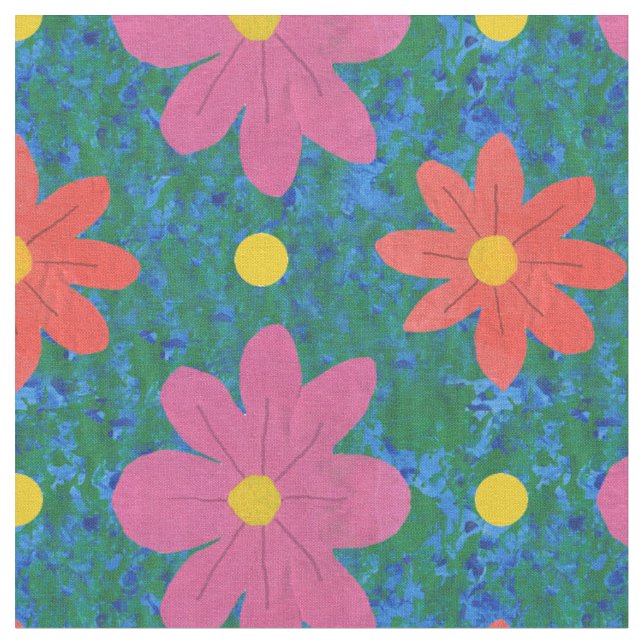 Rosa Orangen Blume Polka Dosen, blaugrüne Stoffe (Nahaufnahme)