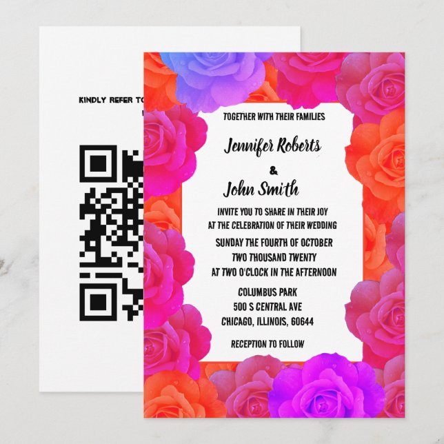 Rosa Orangen Lila-florale QR-Code-Rose Hochzeiten Einladung (Vorne/Hinten)