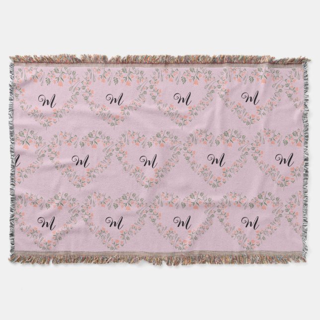 Rosa Orangenblüte und Grüne Herzmonogramm Decke (Vorderseite)