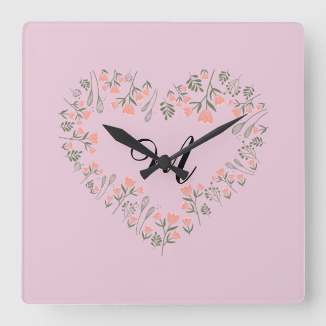 Rosa Orangenblüte und Grüne Herzmonogramm Quadratische Wanduhr (Vorderseite)