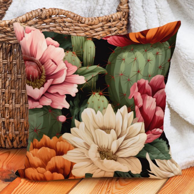 Rosa Orangencreme Sukkulent Blumenkaktus Schwarz Kissen (Cactus and pink, cream, and burnt orange floral pillow)