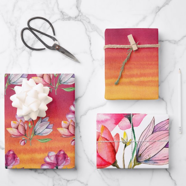 Rosa Orangengelbe Wasserfarbe und Blume Geschenkpapier Set (Vorderseite)
