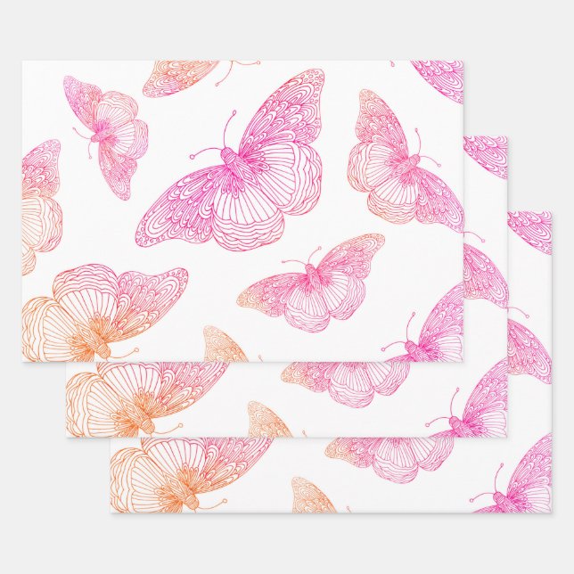 Rosa Orangenschmetterlingsmuster Geschenkpapier Set (Set)