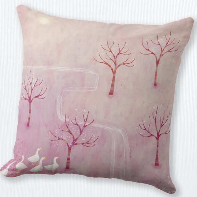 Rosa Orchard mit Gänselandschaftsmalerei Kissen (Geese in the Orchard pink landscape art throw pillow)