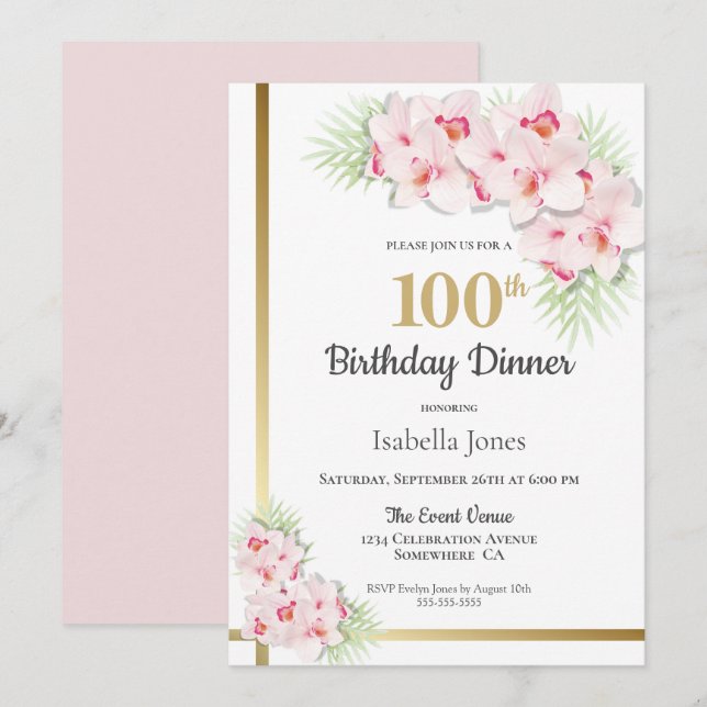 Rosa Orchid 100. Geburtstag Abendessen Party Einladung (Vorne/Hinten)