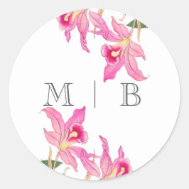 Rosa Orchid Blooms Monogram Runder Aufkleber