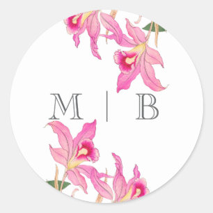 Rosa Orchid Blooms Monogram Runder Aufkleber