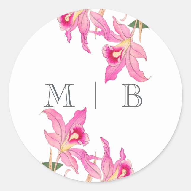 Rosa Orchid Blooms Monogram Runder Aufkleber (Vorderseite)
